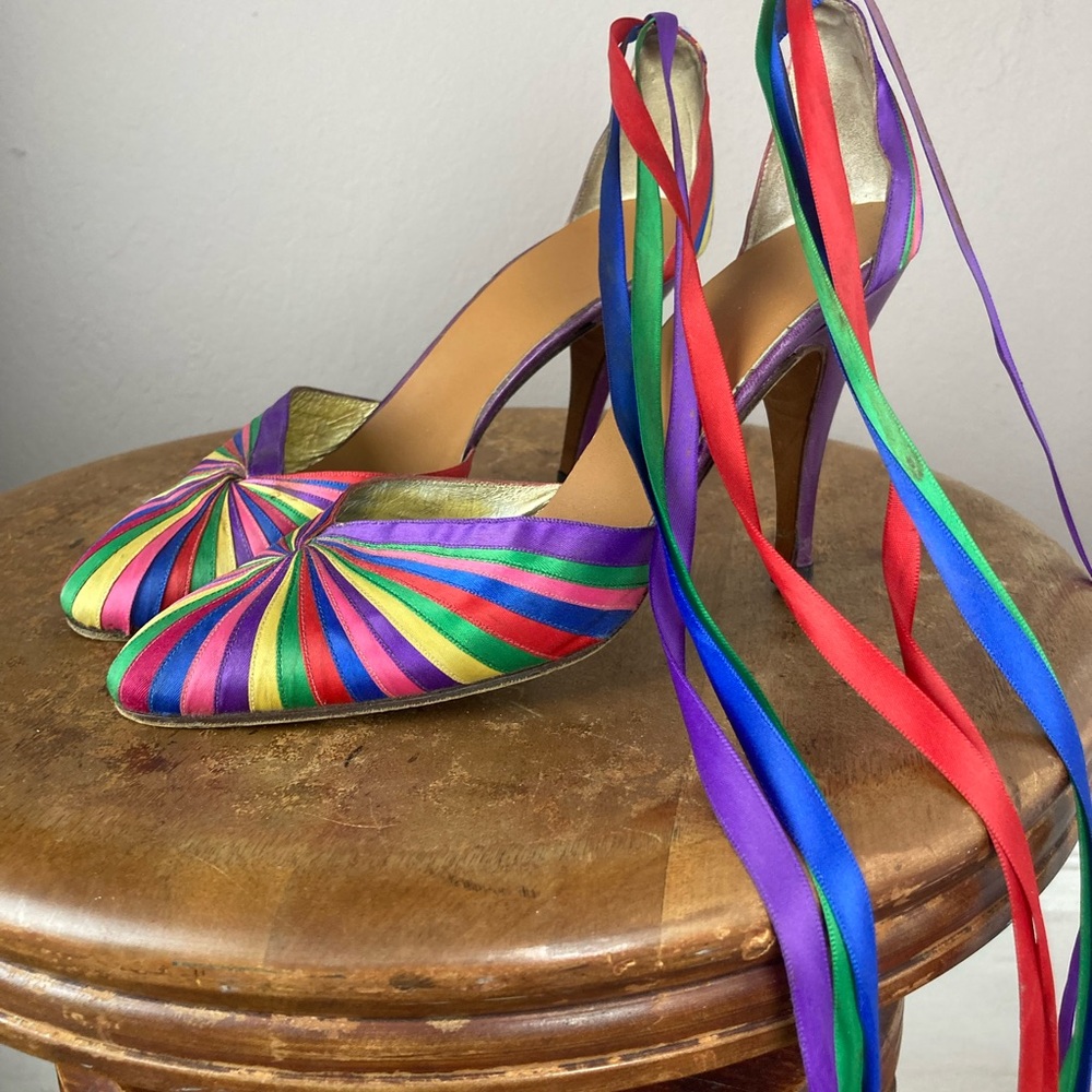 Italian Satin Rainbow Stripe Pumps with Ribbon Ties - Colorful Heels - Size 6 - Picture 7 of 10